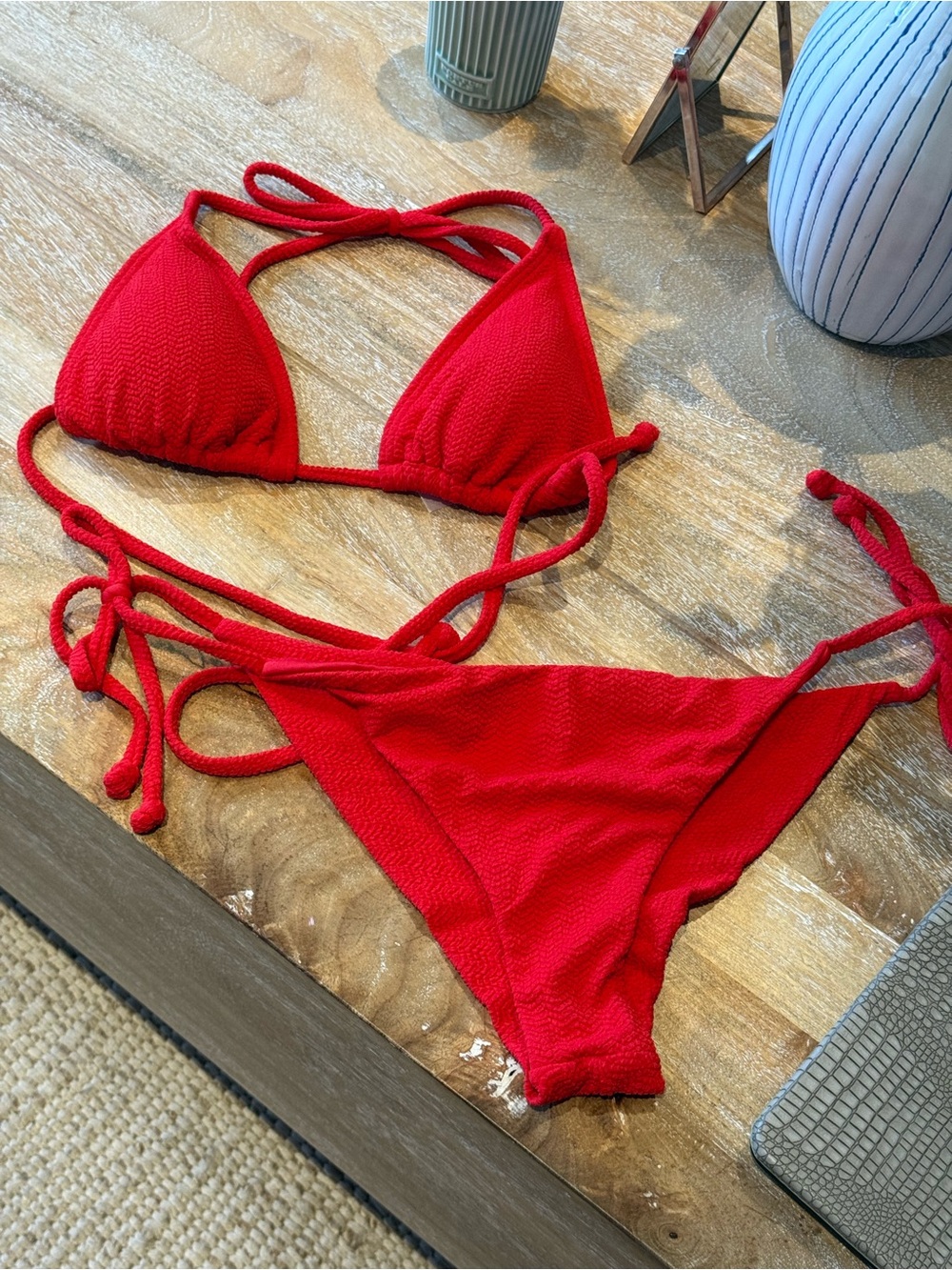 Billabong Red Textured Triangle Bikini Set